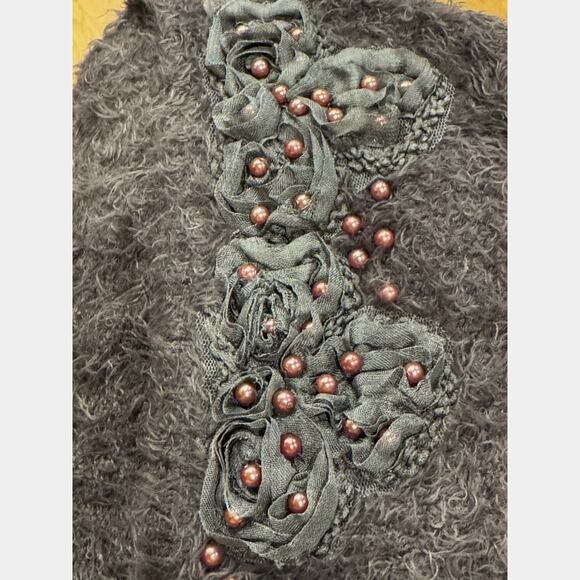 0918 Large Brown Beaded Embellished cardigan 3/4 sleeves sweater Preppy Academia - Picture 8 of 10